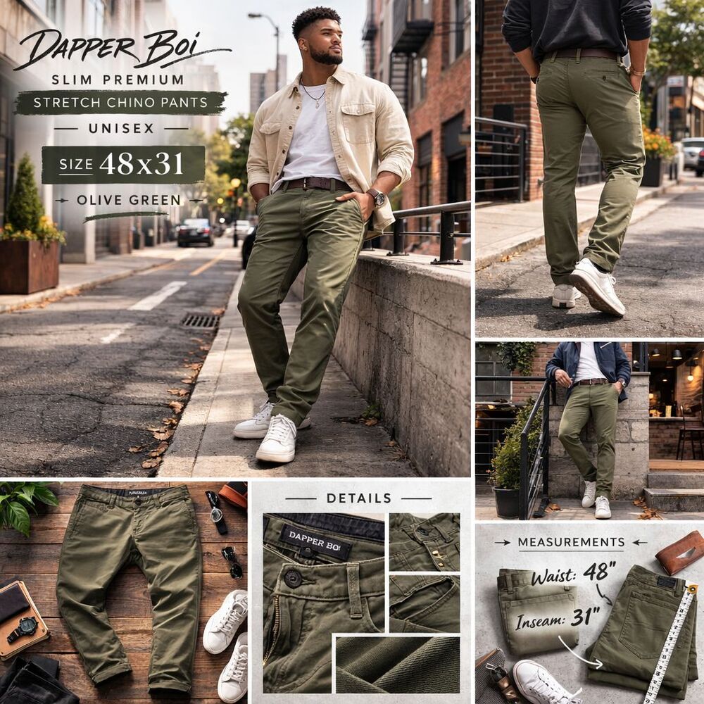 Dapper Boi Chino Slim Premium Pants Stretch Men's Size 48x31 Olive Green Preppy